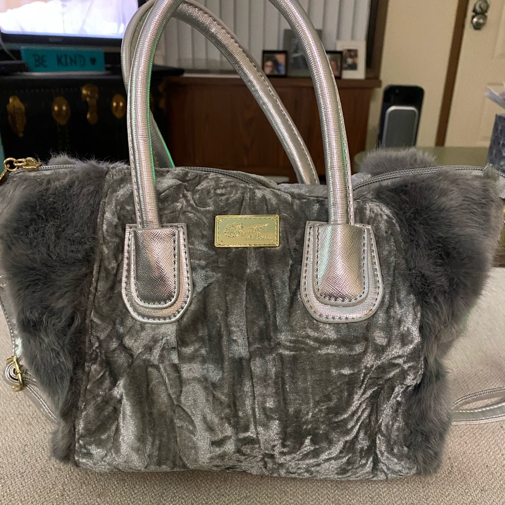 Betsey Johnson gray velvet and fur handbag